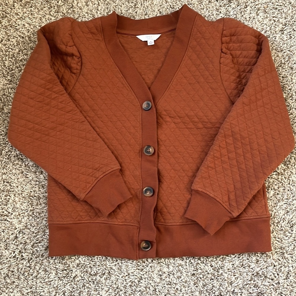 Time and True Coordinating Quilted Puff Sleeve Cardigan Sweater Orange Medium - Picture 2 of 10